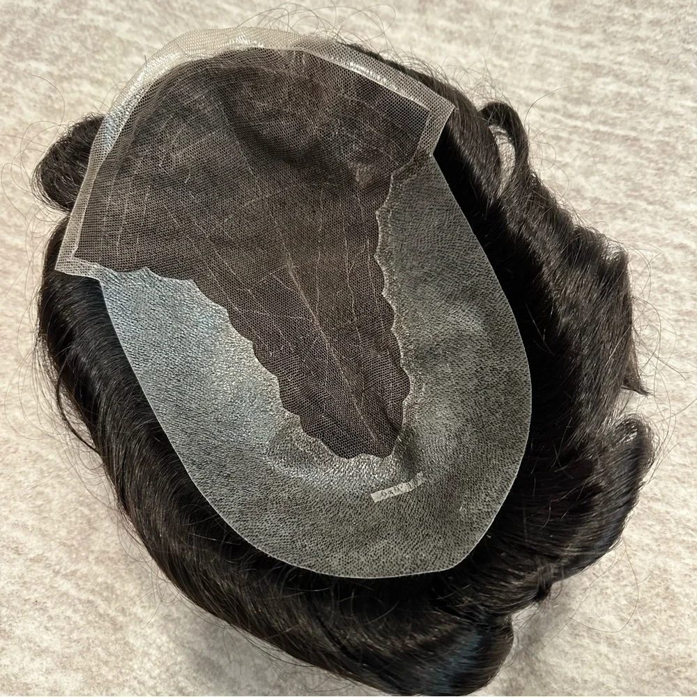 6x9 Off Black #1B Mens Toupee Thin Skin PU & French Lace 120% Density It#ND